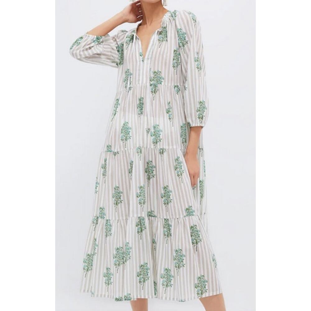Tuckernuck Salty Paloma Caftan Sand Striped Bouquet Cotton Maxi Dress